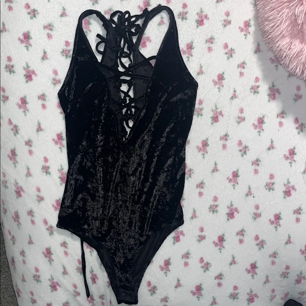 I Heart Raves Black Velvet Lace-Up Bodysuit - Picture 1 of 6